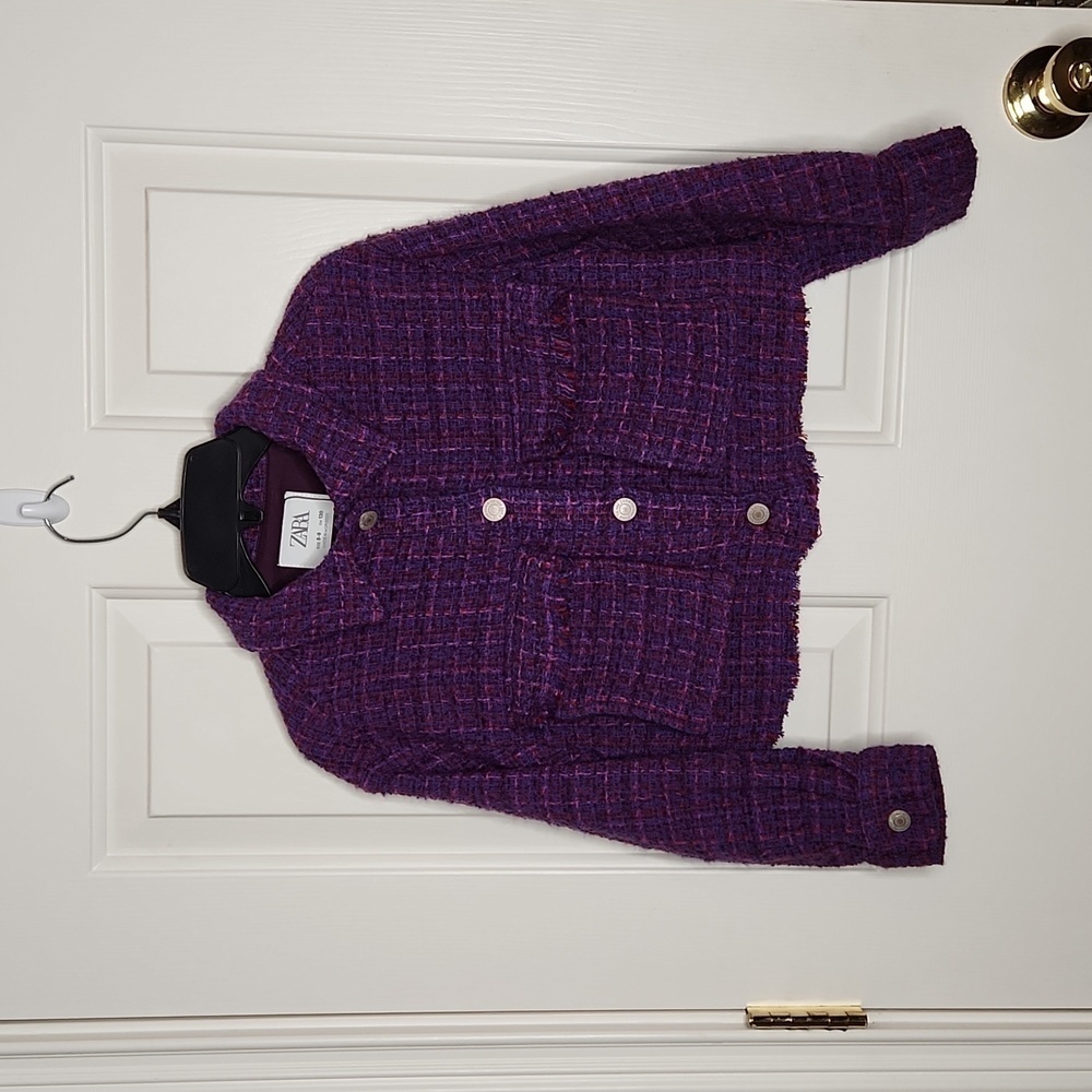 Zara Purple Textured Frayed Hem Cropped Overshirt Size 8-9 Years NWT